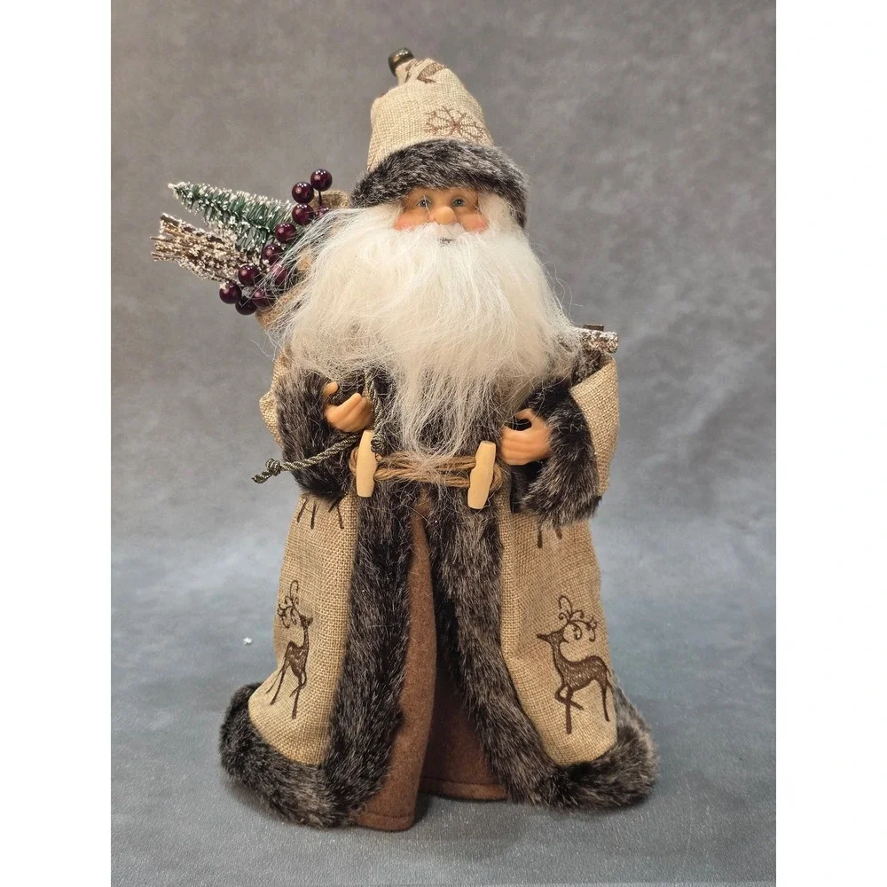 Rustic Santa Claus Christmas Tree Topper Burlap Faux Fur Woodland Reindeer 12in